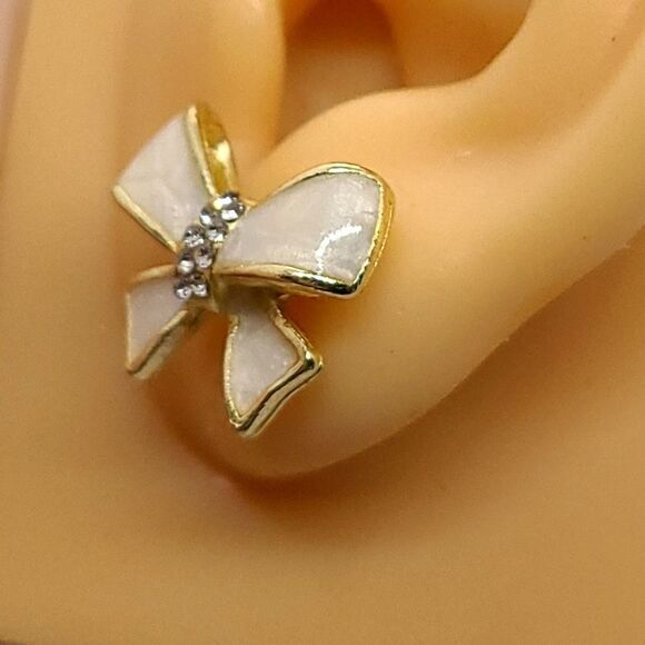 Ivory & Gold Bowtie Ribbon Earrings On Trend Bow Tie Shaped Bowknot Studs - Picture 4 of 7